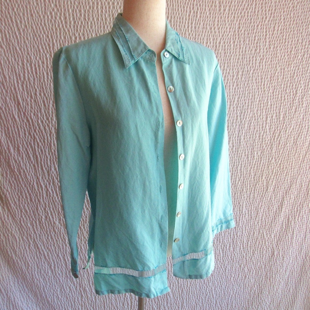 Aqua Blue Shirt Top Poetic 4 Sheer Inset Womens Buttons Top Jacket Vtg